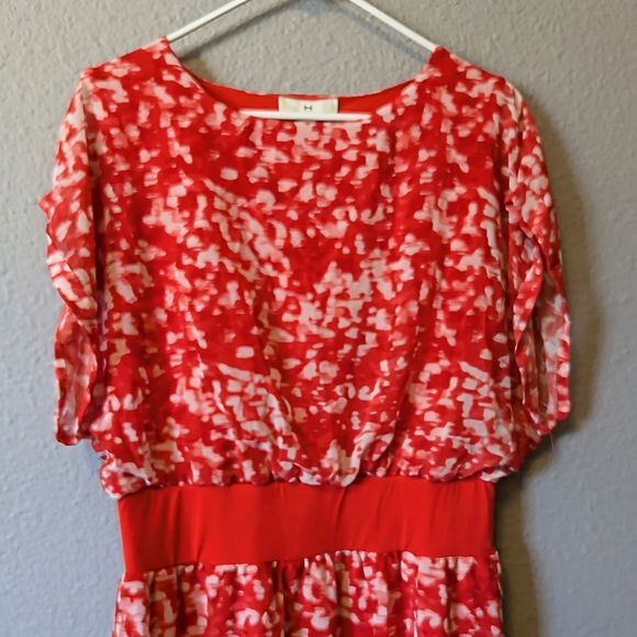 NWT H by Halston Coral Red Brush Stroke Dress Cap Sleeves Knee Length Sz. M - Picture 7 of 12